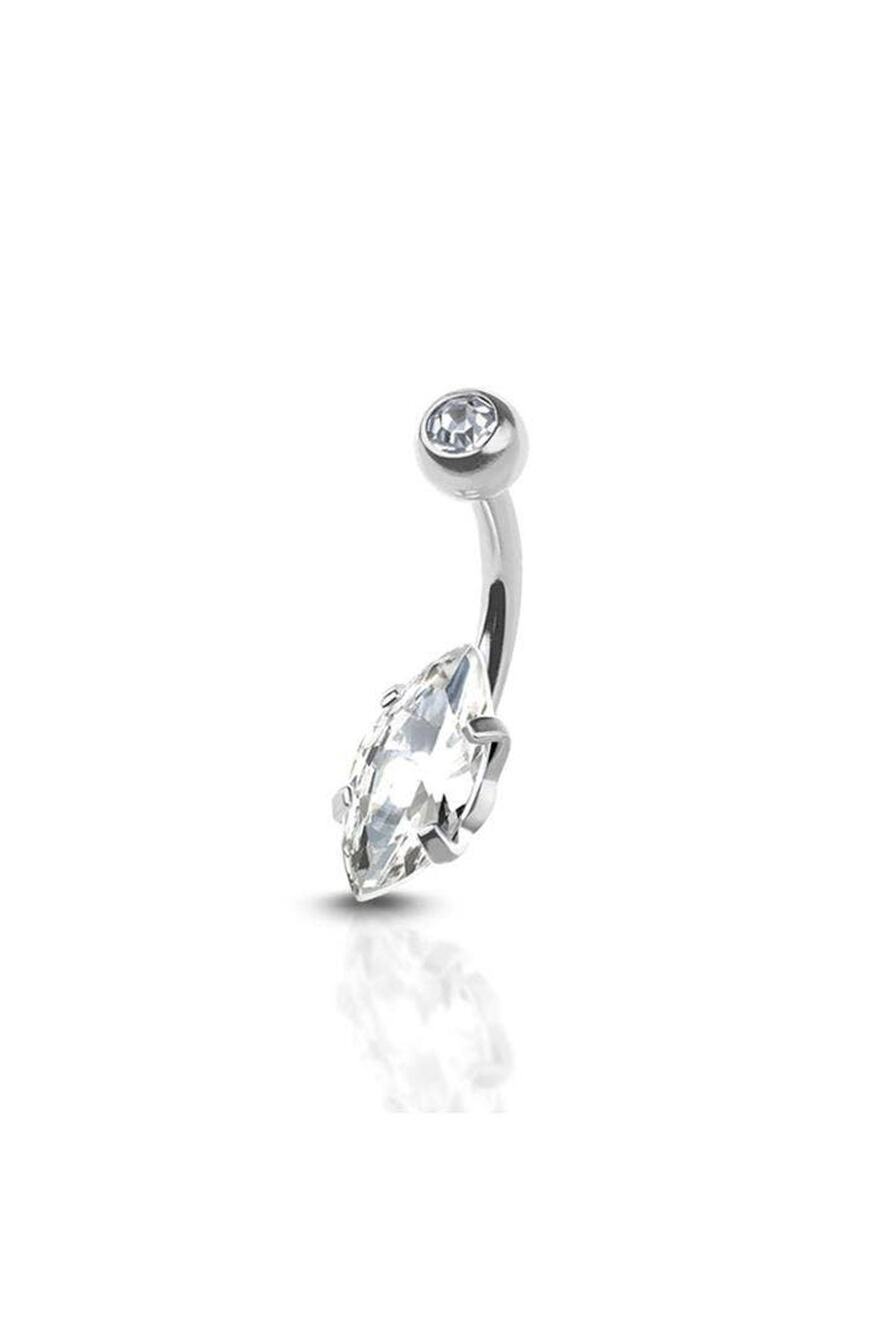 Marquise Crystal Prong Set w/Ball Belly Button Navel Ring-Silver